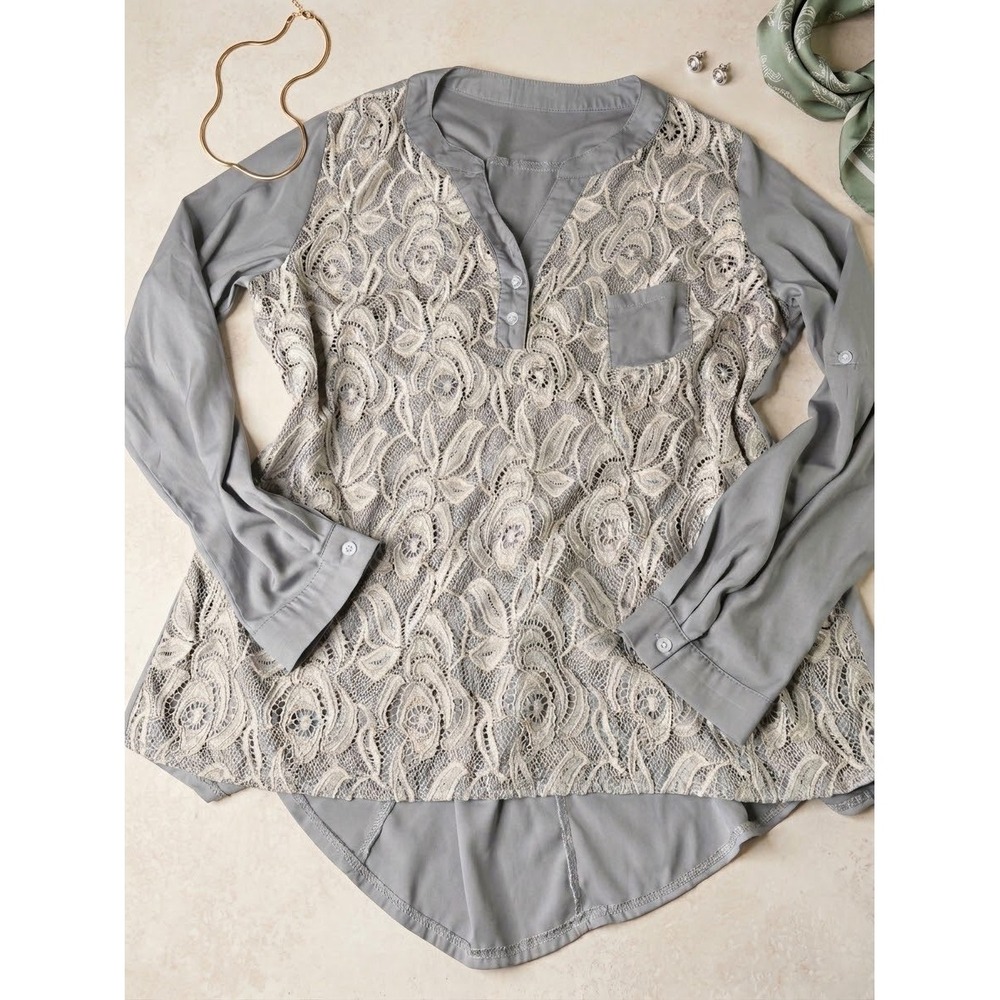 Unbranded Lace Front Roll Tab Sleeve Top Large Grey
